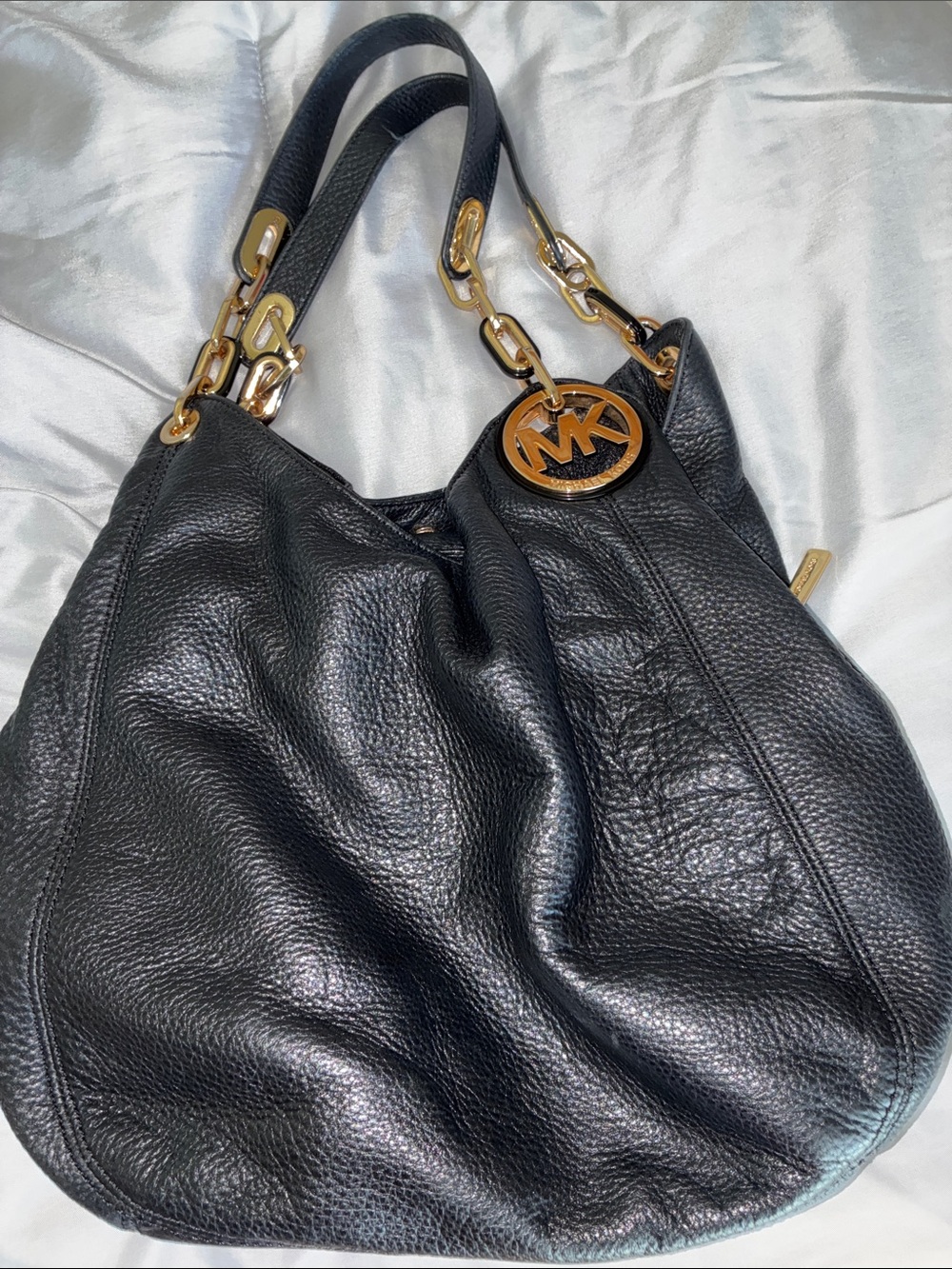Michael Kors Black Pebbled Leather Shoulder Hobo with Gold Hardware